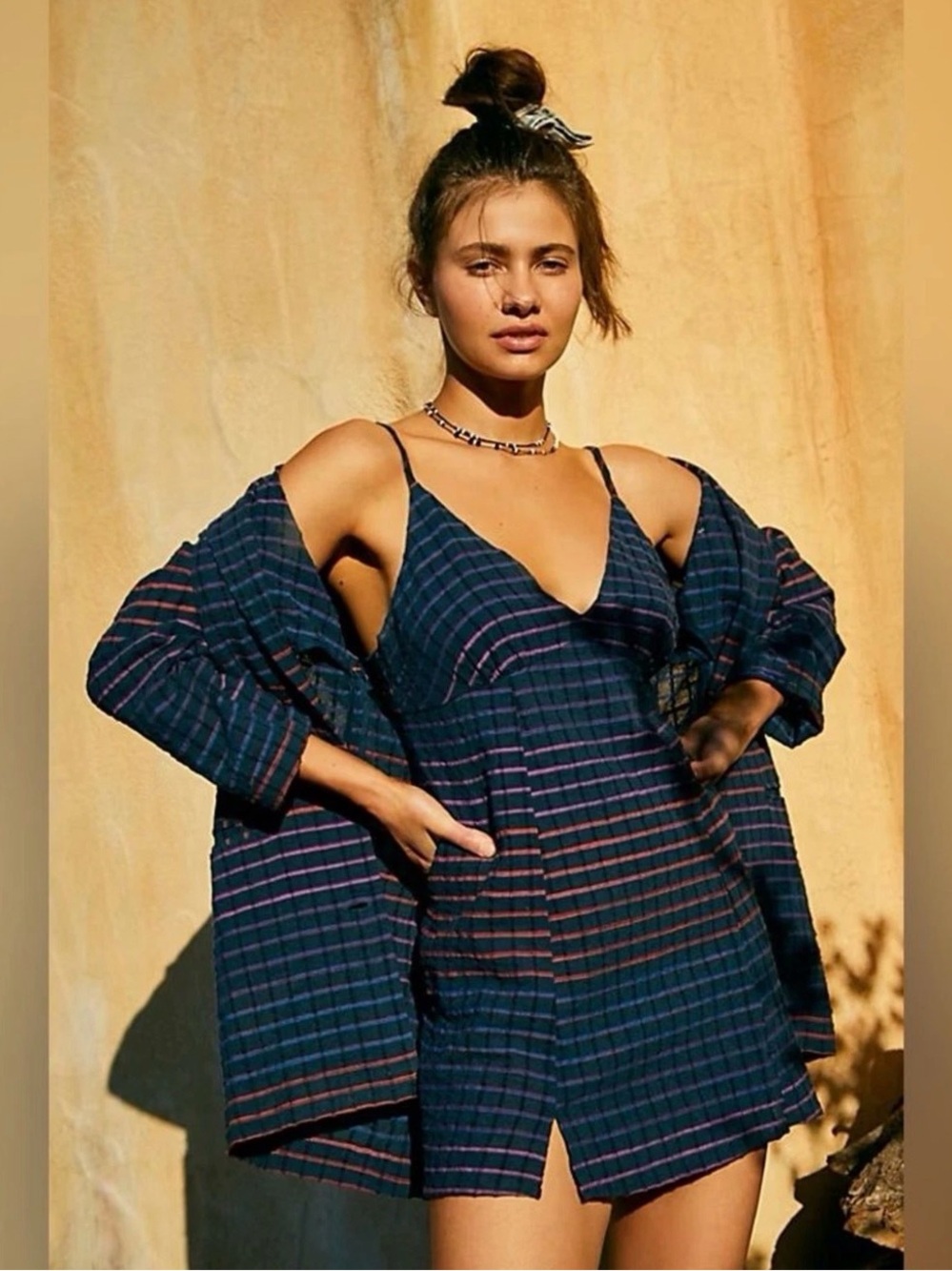 Free People Better Together 2 Piece Set Blazer & Slip Dress Navy Stripe Boho